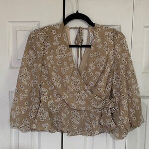 She + Sky Floral Wrap Blouse in Beige
